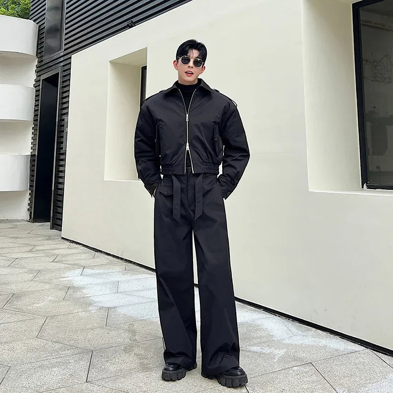 men 2 pieces sets quilted short cargo jacket pant autumn winter korean streetwear casual thicken bomber coat trousers suits baggy cargo bottoms