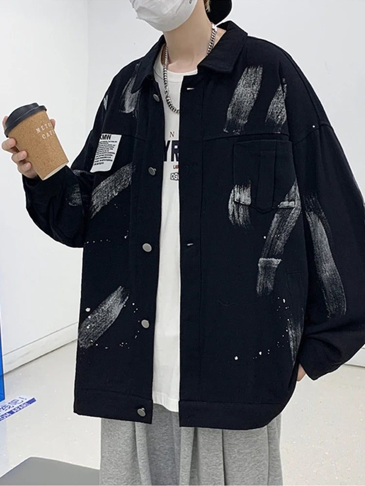 new graffiti tie dye denim jackets for men autumn high street appliques button coats harajuku fashion vintage jeans jacket unique jeans style 116
