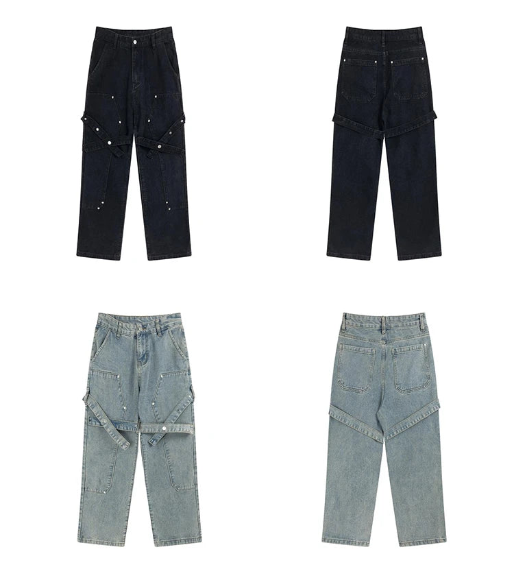 fashion knee adjust belt decoration denim jeans zipper straight jeans hip hop streetwear mens casual loose joggers jeans pants unique joggers style 1544
