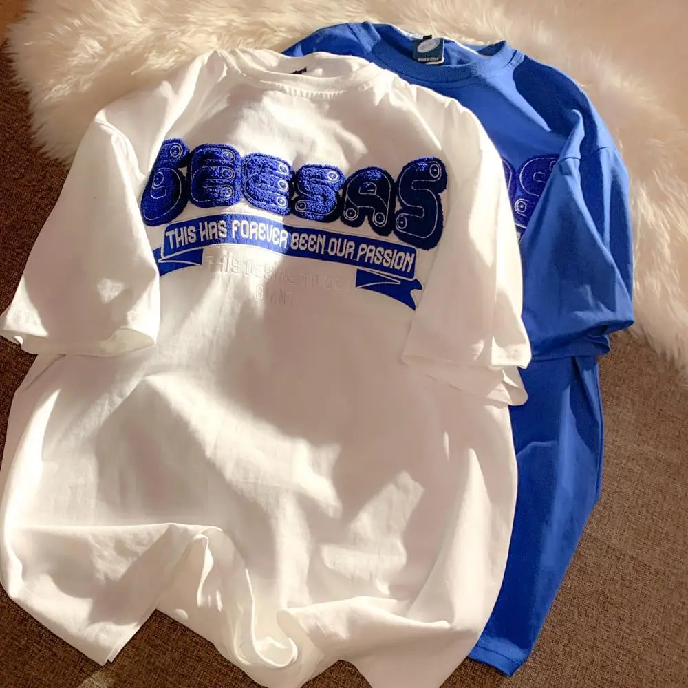 Retro Klein Blue Flocking Embroidery T Shirts Fashion Preppy Oversized Short Sleeve Tops 2022 Summer Large 3XL Casual Men Women Street King Limited