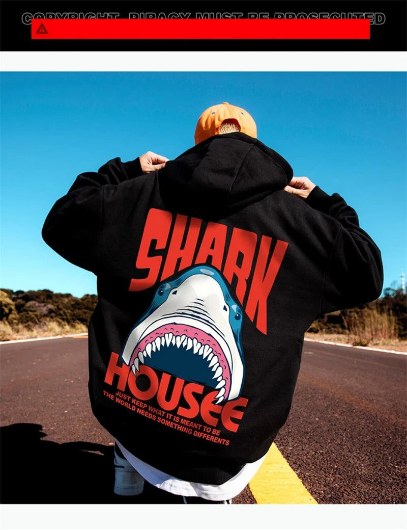 New in Anime Shark Graphic Printed Hooded Sweatshirts Men Hip Hop Fashion Pullover Hoodies Y2K Streetwear Loose Fleece Hoody Street King Limited
