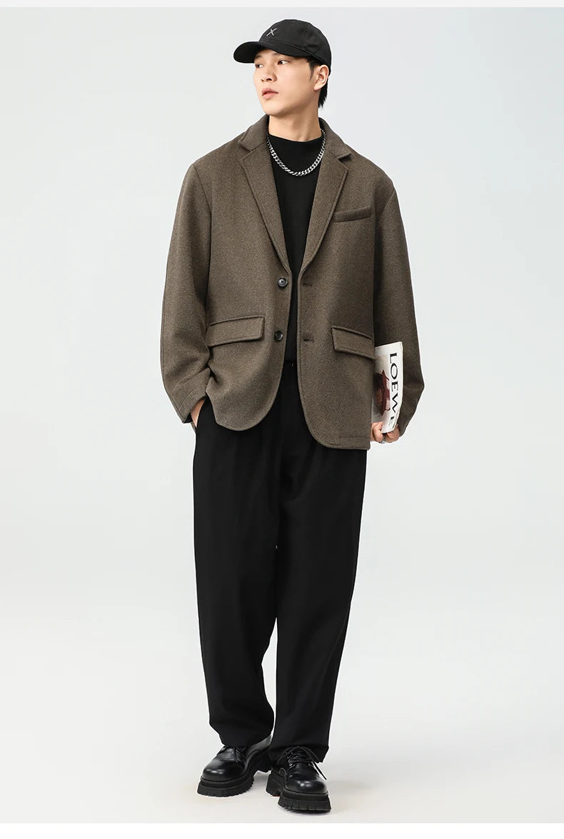 autumn winter men business casual fashion retro woolen thick blazer jacket korean streetwear plus size suit coat outerwear unique default style 1338