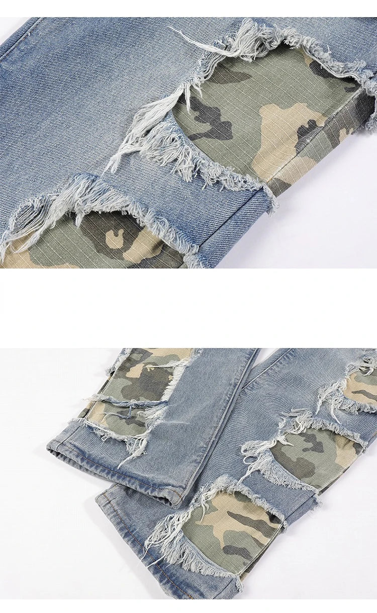 side destroyed ripped holes denim jeans pants mens casual patchwork camouflage loose straight joggers hip hop streetwear jeans unique joggers style 3078