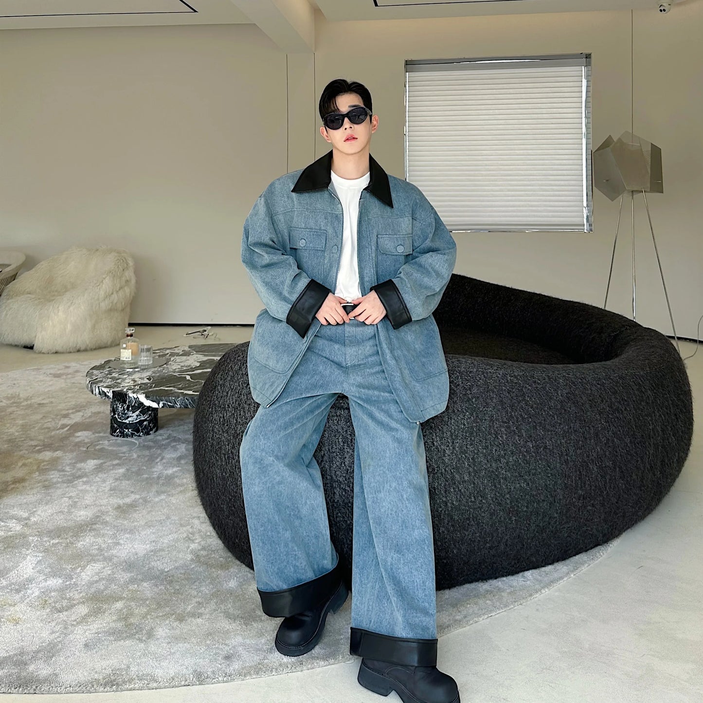 fashion show suits men streetwear washed denim splice loose casual jacket wide leg jeans pants 2 piece sets coat trousers suits unique jeans style 2625