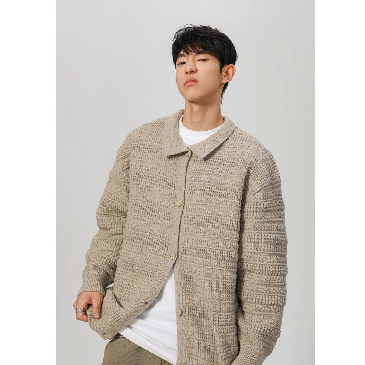 men streetwear fashion loose casual retro stripe knitted sweater cardigan jacket autumn knitwear jumper coat outerwear minimalist street pants