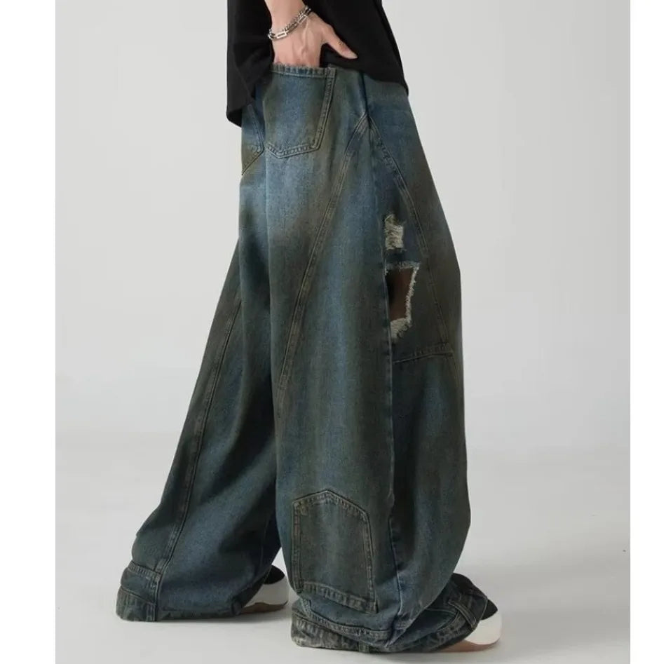 Summer High Street Hip Hop Jeans Mens Halo Dye Hole Washed Straight Denim Pants Loose Silhouette Retro Micro Flared Trousers Street King Limited