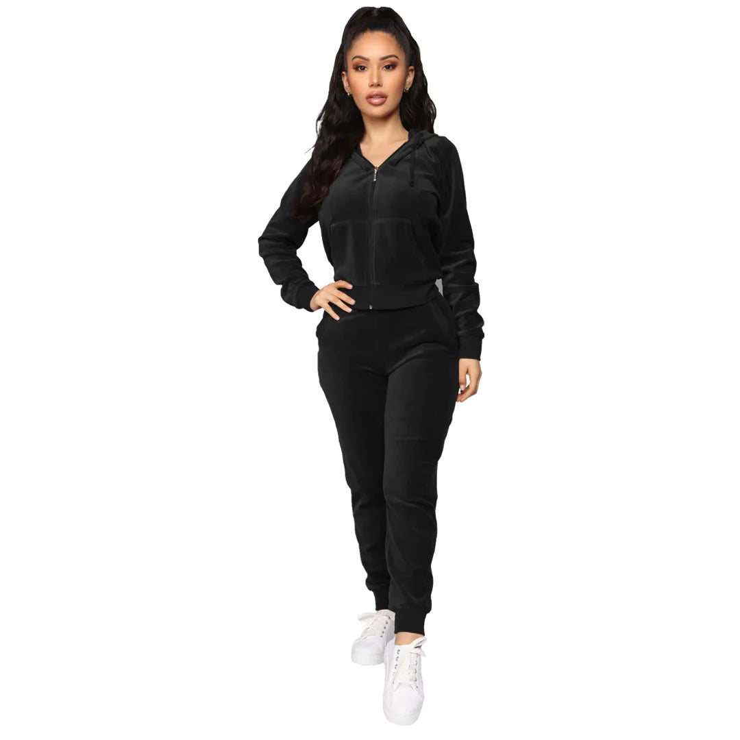 Women's Velvet Hooded Zipper Sweater Elastic Waist Trousers Two-piece Set Fashion Personality Trend Clothing Two-piece Slim Suit Street King Limited