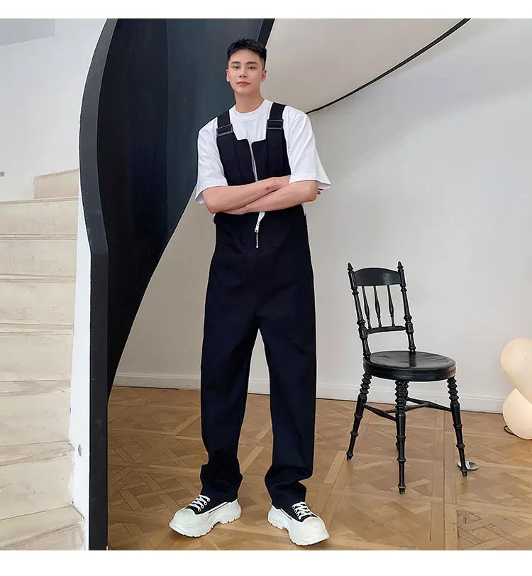 Trendy Men's Shoulder Strap Jumpsuit Pants Washed Loose Fitting Workwear Pants Multi Pocket Streetwear Cargo Suspenders Pants Street King Limited