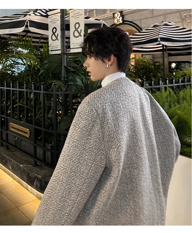 men double breasted french retro loose casual woolen short jacket man korean streetwear show fashion coat autumn outerwear unique shorts style 1328