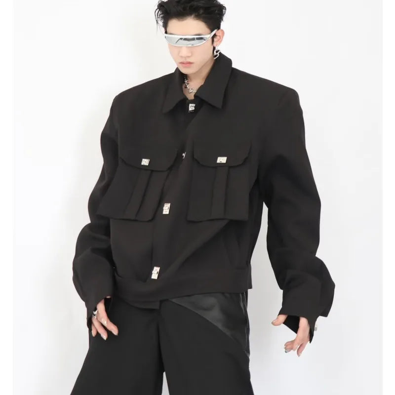 trendy high street jacket mens unisex metal button shoulder pad short coats multi pocket punk hip hop loose outwear oversized unique shorts style 3552