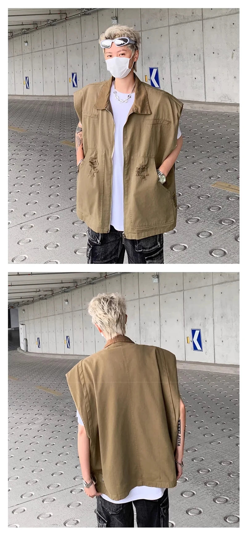 autumn mens zipper sleeveless denim jackets outwear streetwear khaki cargo vest coats 2024 new hip hop fashion working clothes unique cargo style 7
