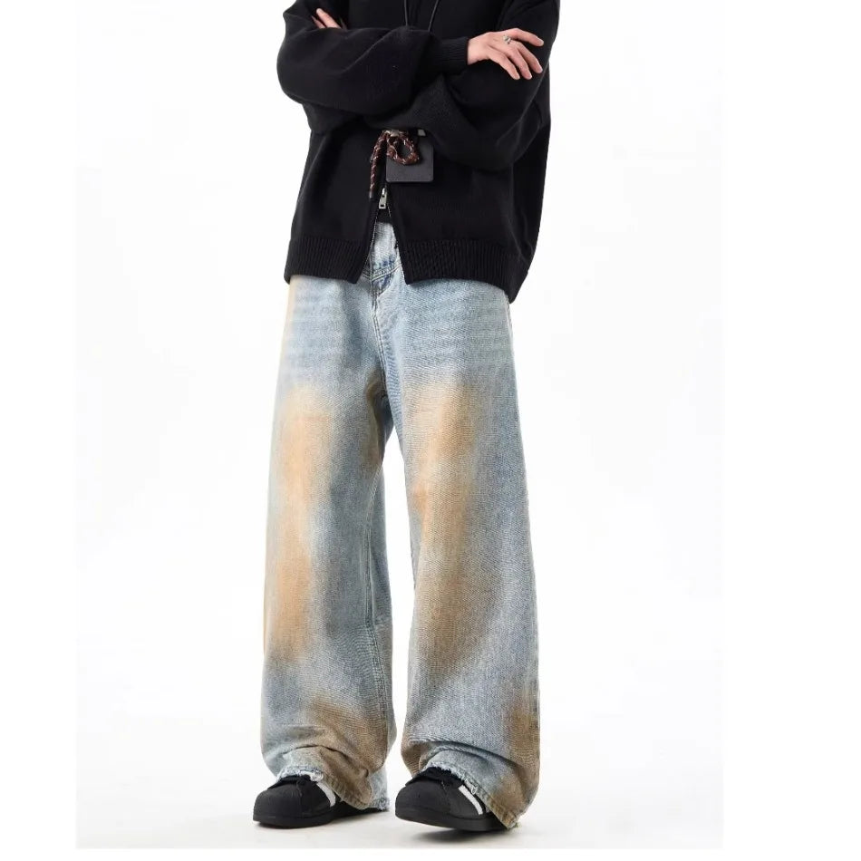 2024 High Street Washed Mens Jeans Gradient Color Blocking Hip Hop Blue Cowboy Pants Loose Straight Leg Denim Trousers Trend Street King Limited
