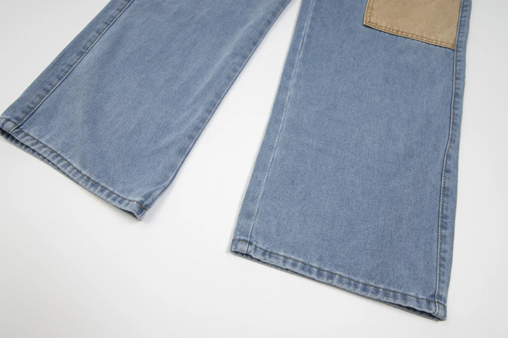 New Contrast Color Pockets Washed Blue Baggy Denim Trousers Mens and Women Straight Patchwork Loose Casual Jeans Oversize Cargos Street King Limited