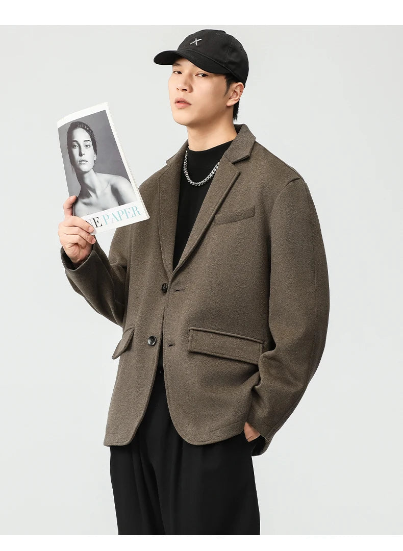 autumn winter men business casual fashion retro woolen thick blazer jacket korean streetwear plus size suit coat outerwear unique default style 1342
