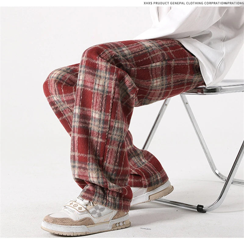 new mens y2k plaid casual baggy trousers autumn korean fashion straight woolen pants y2k vintage streetwear pantalones hombre unique default style 414