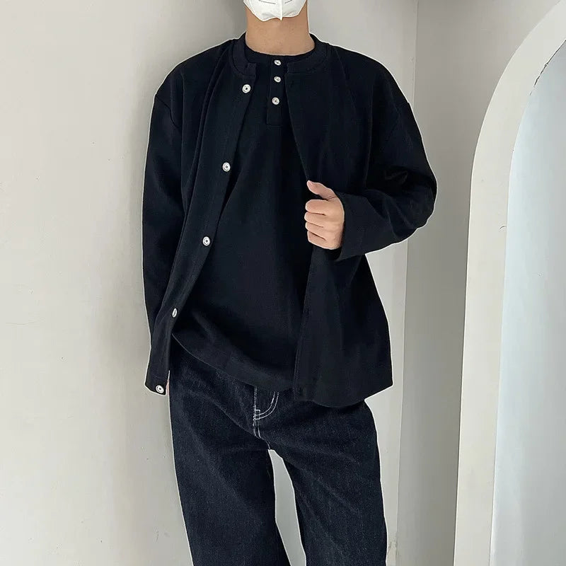 Streetwear New Casual Fake Two Piece Sweatshirts For Men Solid Color Henley Neck 2024 New Casual Fake Two Piece Sweatshirts For Men Solid Color Henley Neck Button Jackets Korean Fashion Loose Y2K Sudaderas Fashion Sweater Jacket With Graphic Design For Men