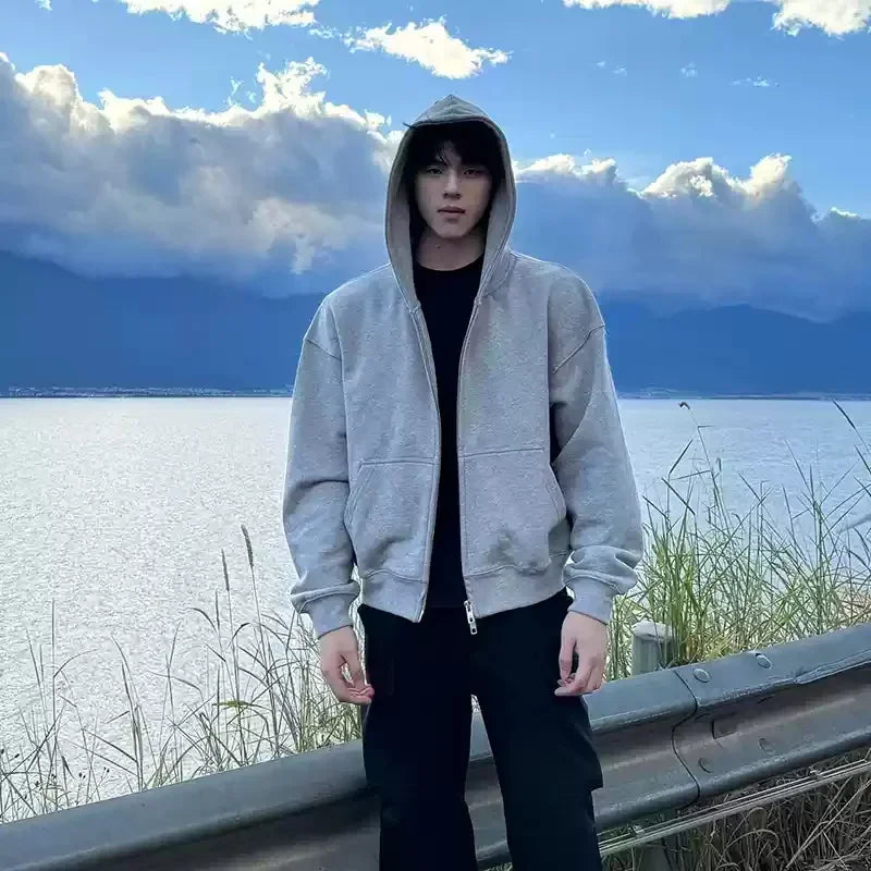 winter mens fleece zipper hooded sweatshirts 2025 new classic solid color oversized hoodies y2k streetwear outerwear tracksuit clean everyday pants