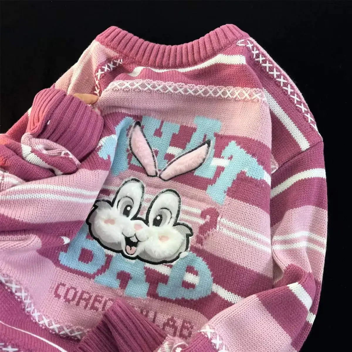 Sweet cool bunny striped knitted sweater for women in autumn and winter loose outer wear lazy style soft and waxy milk kawaii Street King Limited