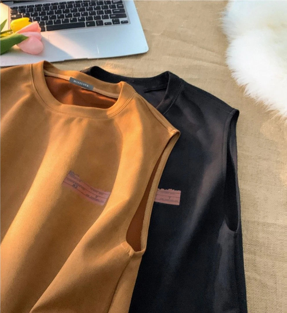 American sleeveless t-shirt vest men's trendy summer outer wear heavy suede ins loose waistcoat top men clothing mens t shirts Street King Limited