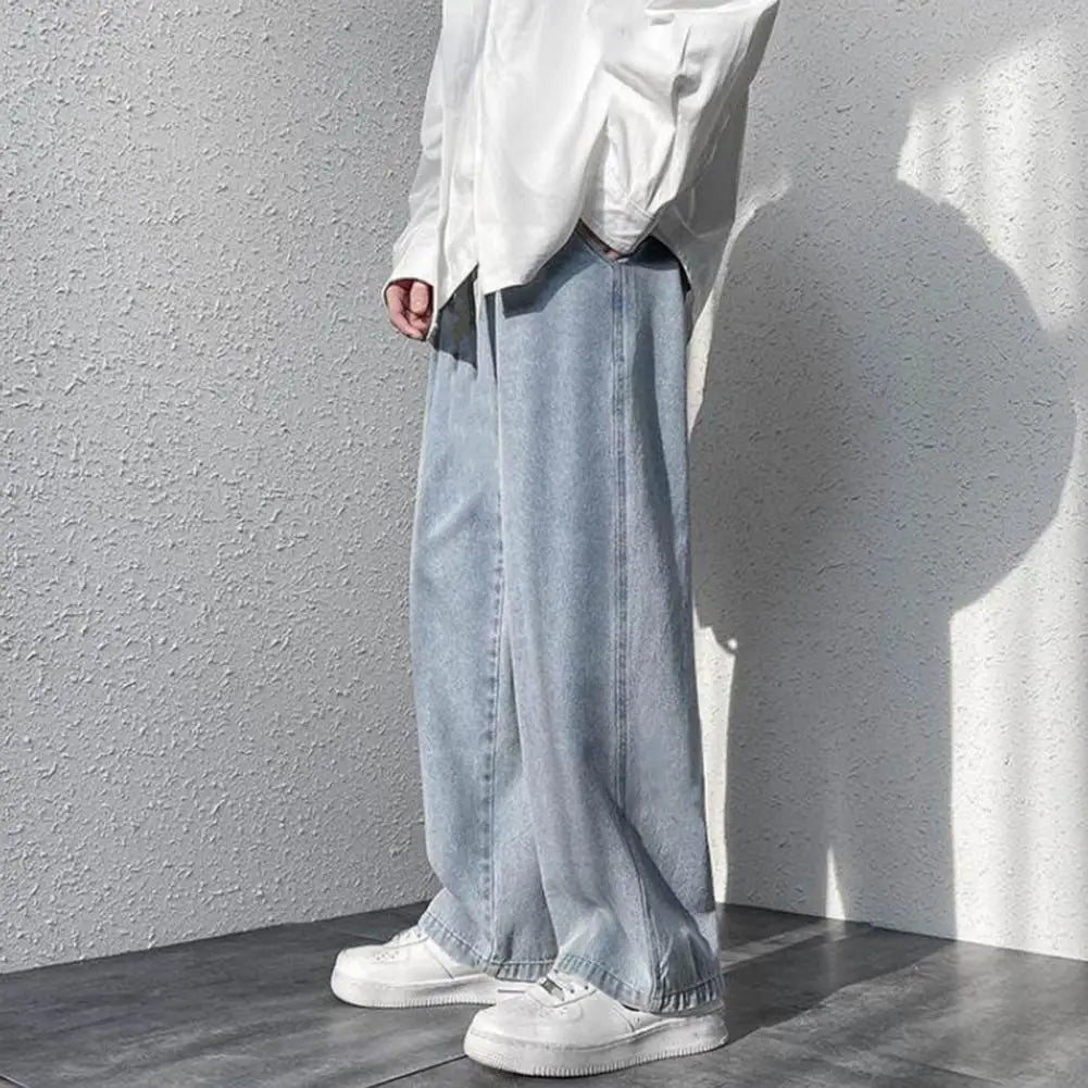 korean mens casual long jeans loose retro straight baggy pants denim wide leg pants light blue grey black retro washed jeans ripped baggy denim