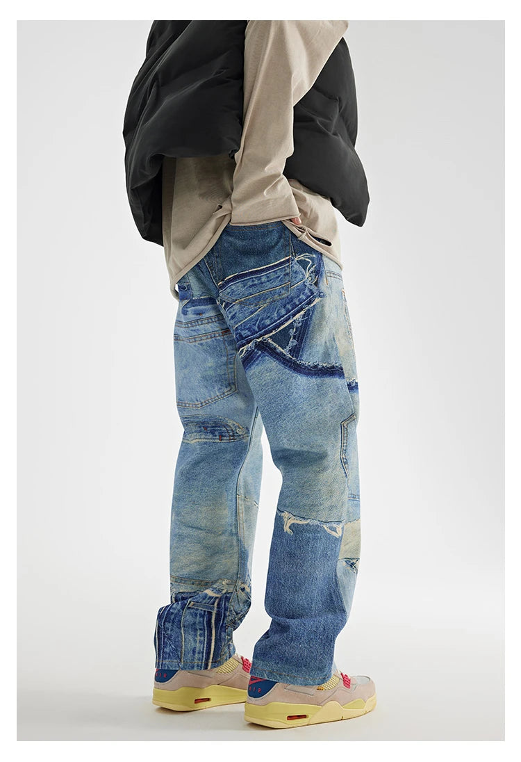 fashion fake patchwork printed denim jeans mens new casual zipper straight loose jeans streetwear hip hop baggy pants joggers unique joggers style 1413