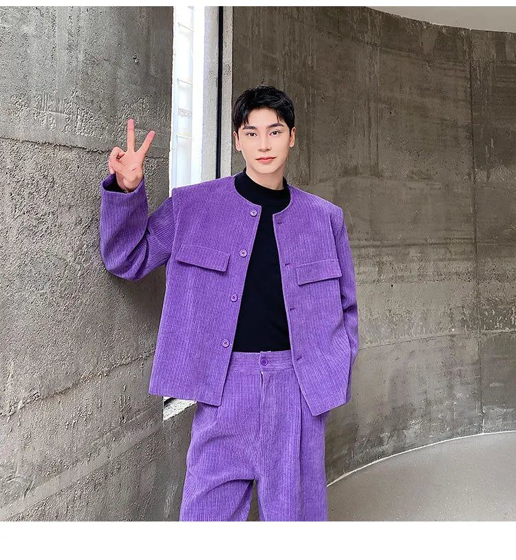 men 2 pieces sets corduroy short jacket wide leg pant suits korean streetwear fashion loose casual retro coat baggy trousers unique shorts style 2681