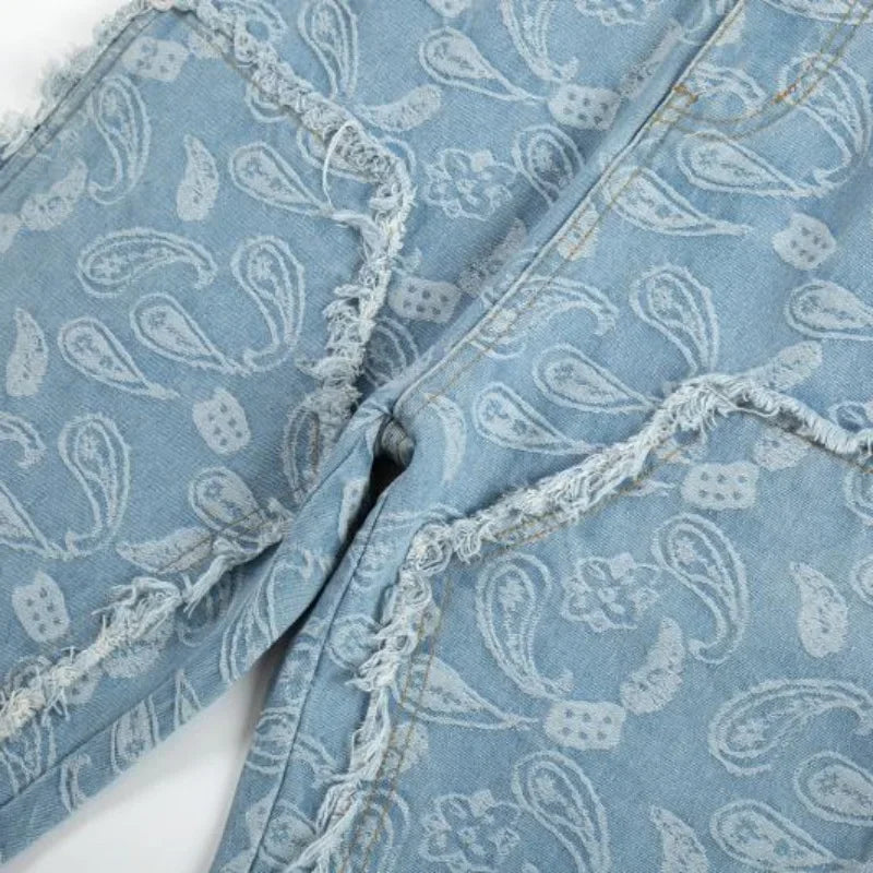 men distressed ripped patchwork paisley denim jean trouser fashion zipper biker jeans streetwear flare pants loose joggers jeans unique joggers style 3996