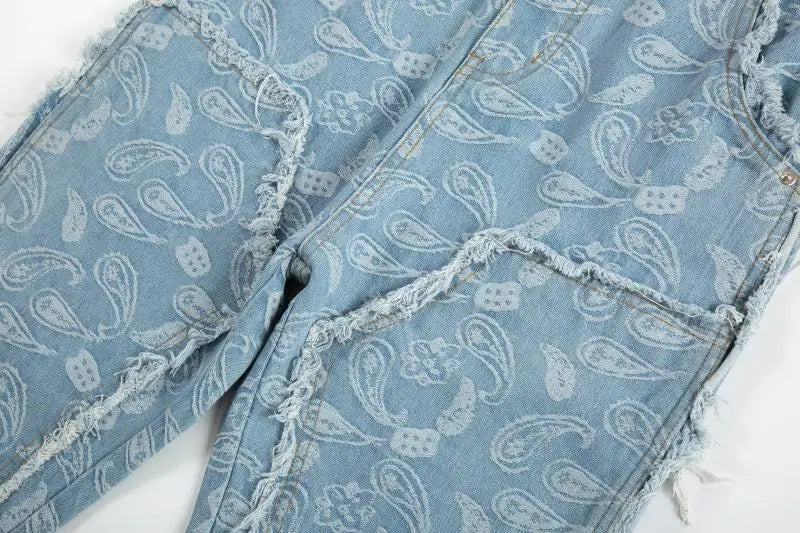 vintage high street washed light blue flared jeans cashew flower jacquard pattern rough edge jeans pants for men and women unique jeans style 929