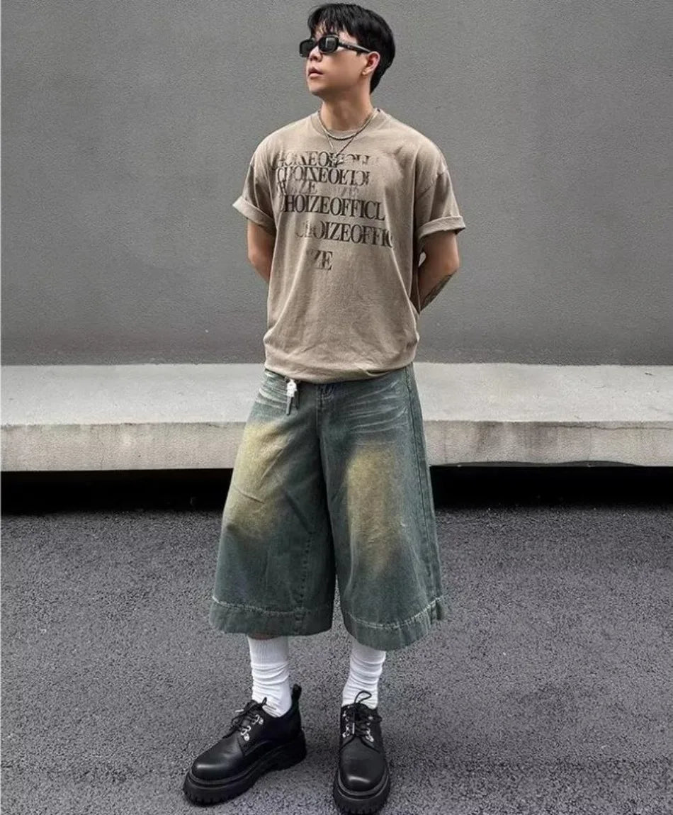 Summer Trend Denim Cropped Trousers Mens American Hip Hop Washed Wide Leg Shorts Unisex High Street Straight Cowboy Mid Pants Street King Limited