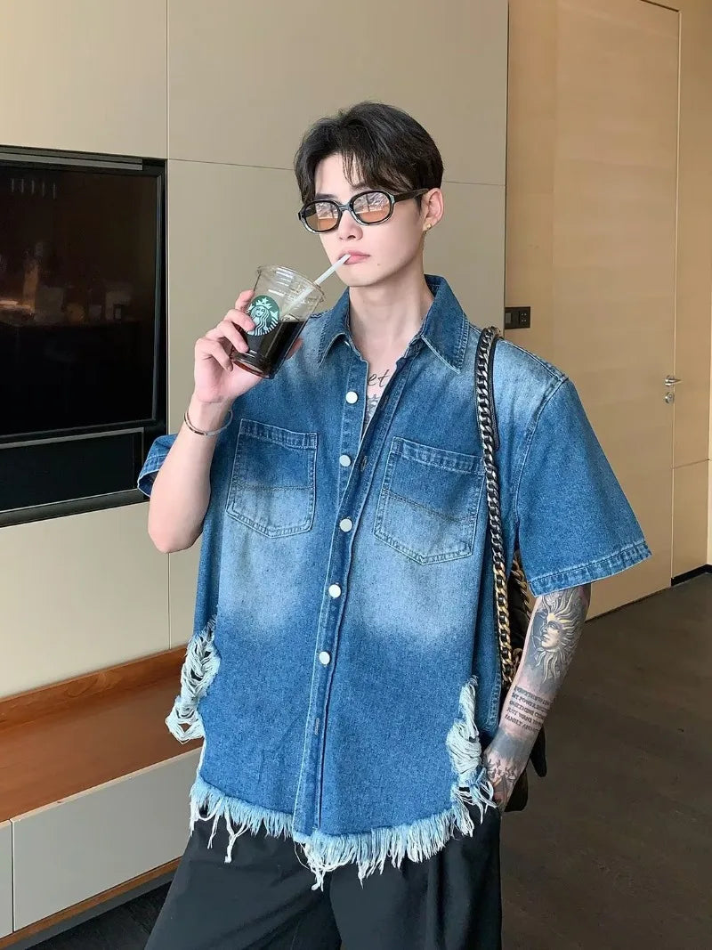 summer trend mens set shoulder padded short sleeved denim shirt quick drying casual pants 2 pcs set american retro street suit unique jeans style 3892