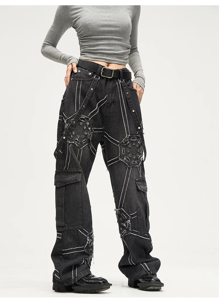 punk belt denim jeans pants women harajuku streetwear side pocket cotton men unisex casual baggy joggers straight pants trousers unique joggers style 3358
