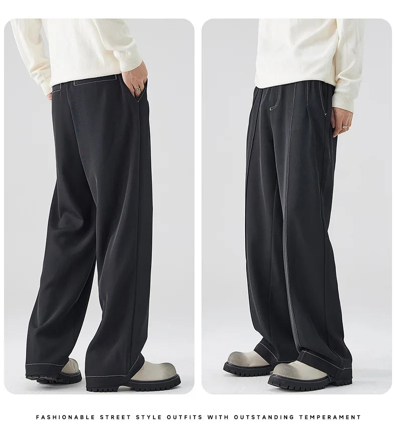 men bright line elastic waist streetwear fashion loose casual plus size straight suit pants work man business trousers unique default style 1803