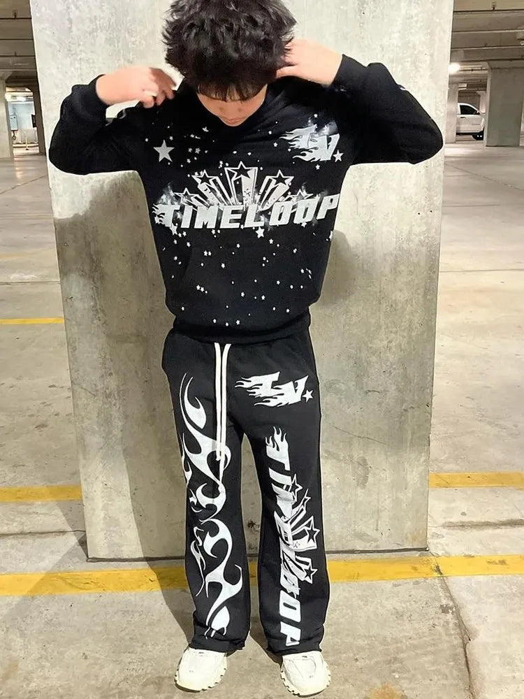 Y2K women's clothing hoodies set Sweater long sleeved pullover top vintage oversize streetwear Gothic dark print pattern 2024 Street King Limited