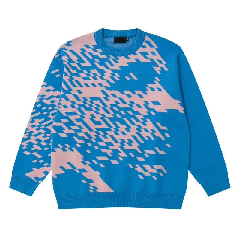 Mens Knitted Sweater Fashion Pixel Abstraction Human Face Pullovers Casual O-neck Unisex Harajuku Streetwear Loose Knit Jumpers Street King Limited