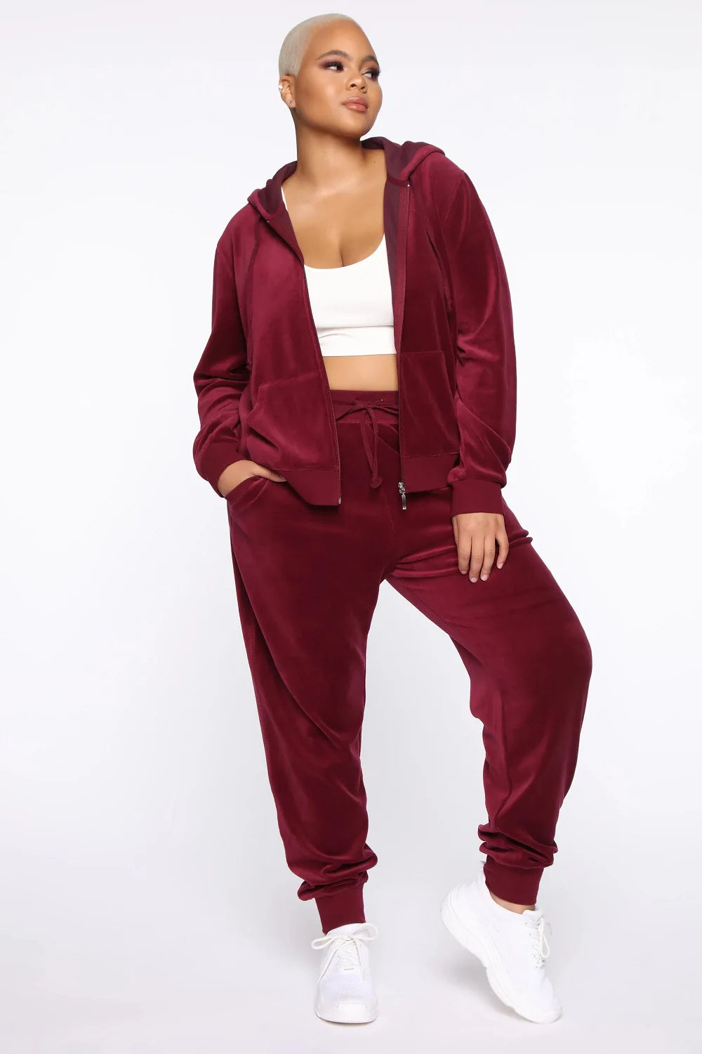 Women's Velvet Hooded Zipper Sweater Elastic Waist Trousers Two-piece Set Fashion Personality Trend Clothing Two-piece Slim Suit Street King Limited