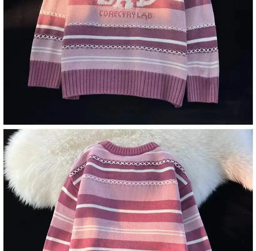 Sweet cool bunny striped knitted sweater for women in autumn and winter loose outer wear lazy style soft and waxy milk kawaii Street King Limited