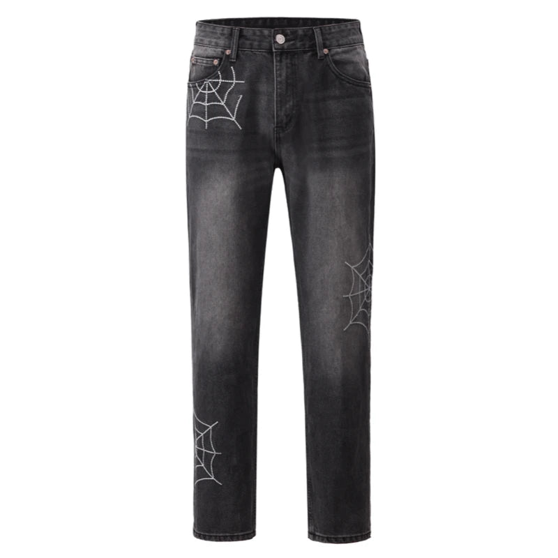 mens hip hop streetwear denim pants cobweb embroidery denim pants 2023 harajuku zipper cotton joggers jeans trousers harem pants streetwear sweatpants
