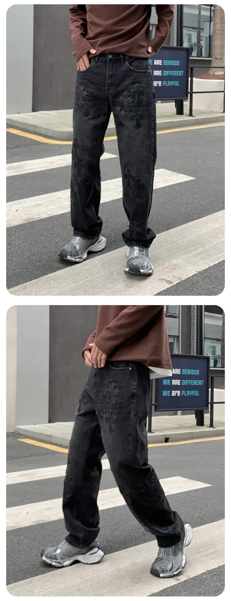 men embroidery streetwear brand fashion hip hop loose casual straight motorcycle denim jeans pant cityboy y2k jeans trousers unique jeans style 2369