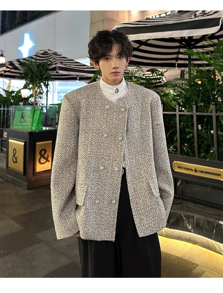 men double breasted french retro loose casual woolen short jacket man korean streetwear show fashion coat autumn outerwear unique shorts style 1329