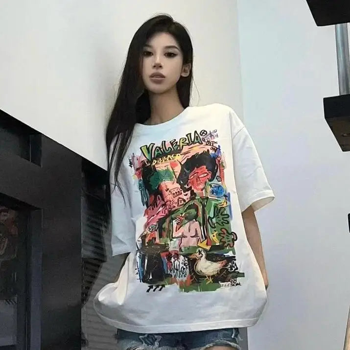 Summer t-shirt short-sleeved women's pure cotton student lazy style ins trend Korean round neck loose slim abstract y2k tops emo Street King Limited