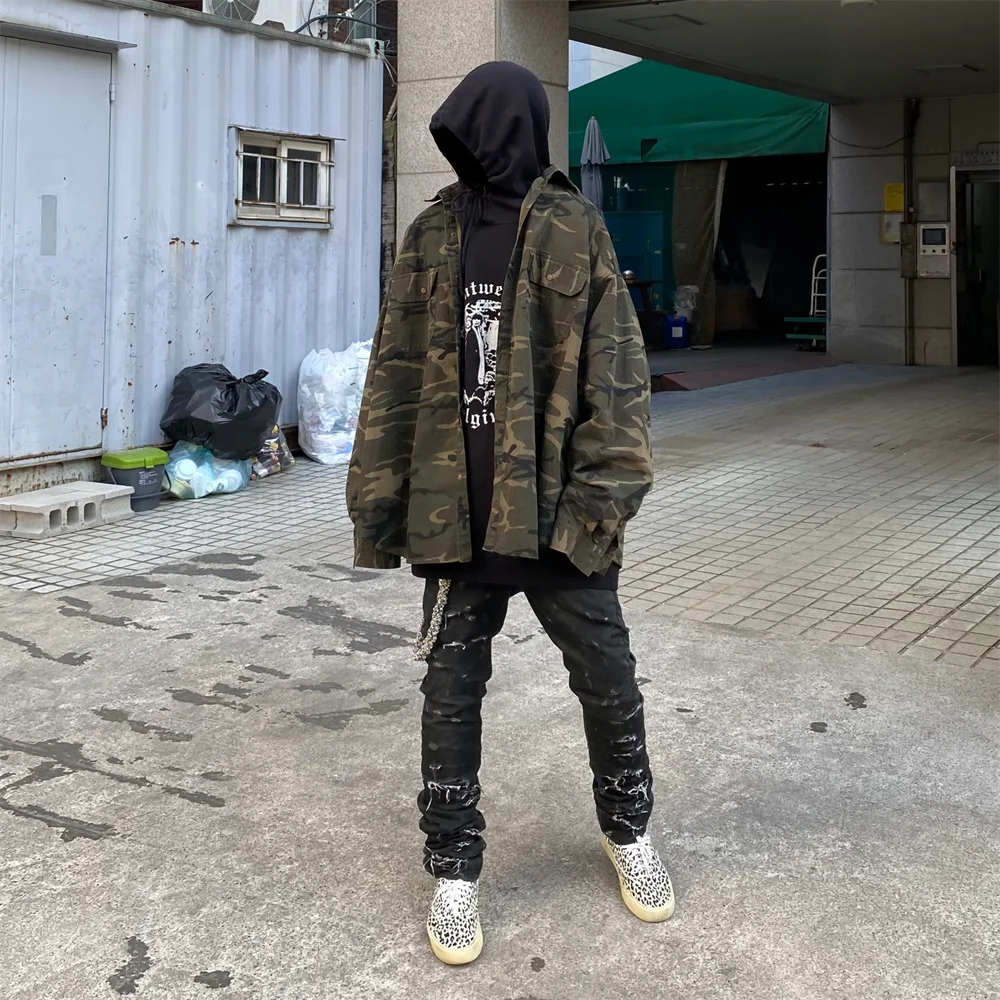 Undermycar High Street Trendy Brand High Quality Extra Large Washed and Worn Dark Checker Patch Camo Shirt Street King Limited