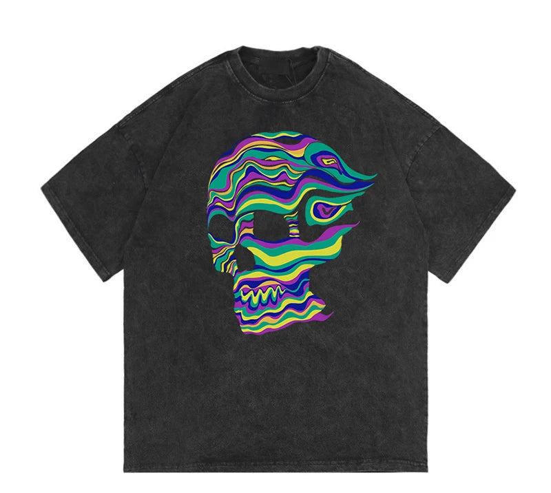 Rainbowtouches Washed Men T Shirt 2022 Summer Vintage Unisex High Street Skulls Pattern Oversize Fashion Mens Graphic T-Shirts Street King Limited