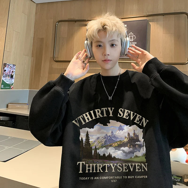 Autumn Oil Painting Landscape Print Cotton Sweatshirt Men Loose Casual Crewneck Pullover Hoodies Korean Fashion Y2K Clothing Street King Limited