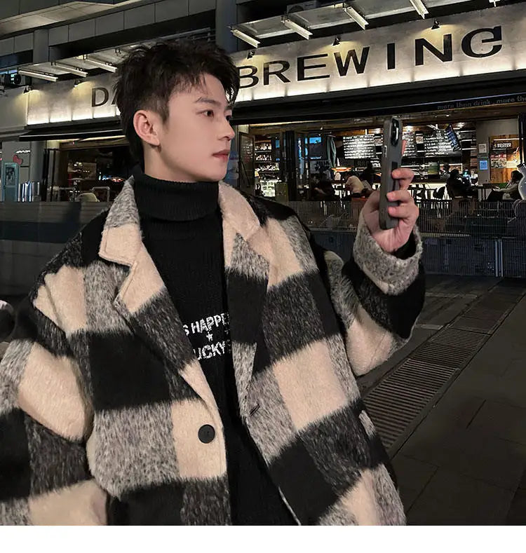 plaid woolen trenchcoat men autumn winter fashion retro streetwear suit collar loose casual trendy trench coat outerwear unique default style 1190