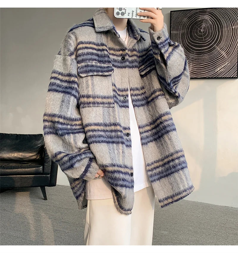 winter y2k vintage striped woolen jackets for men patchwork long sleeve plaid cardigan coats high street cargo shirt jacket unique cargo style 70