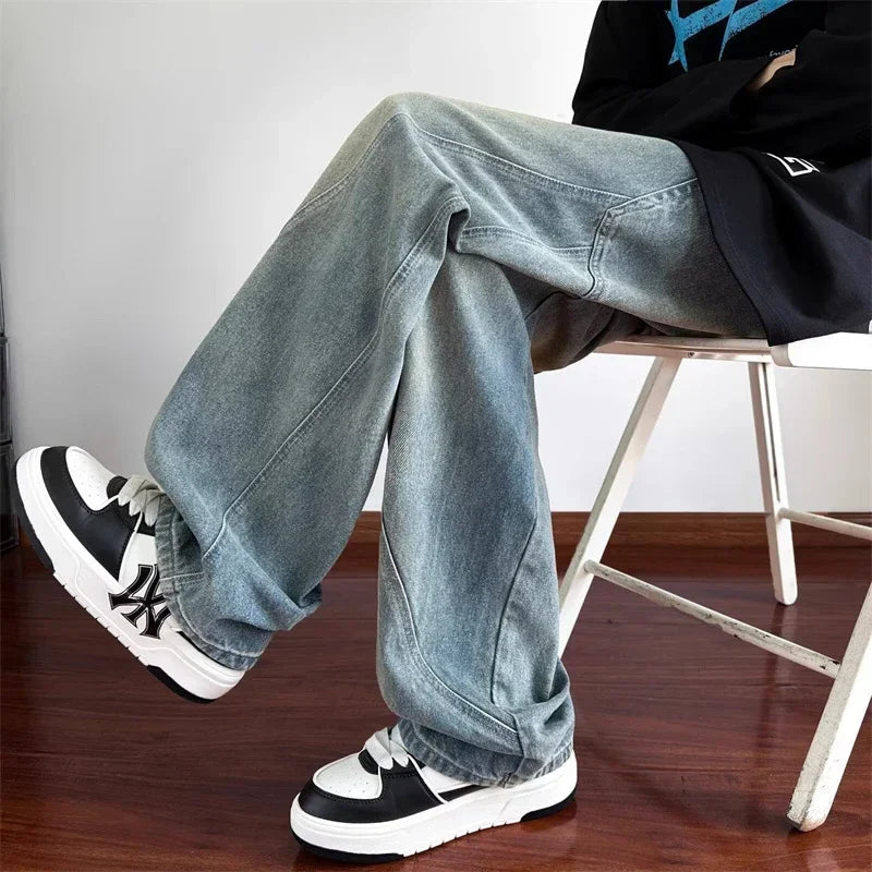 new vintage men s patchwork baggy jeans draped straight leg denim trousers autumn korean fashion high street casual y2k jean urban skinny jeans