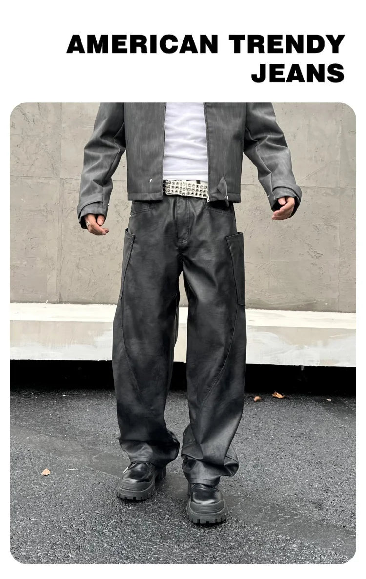 men brand fashion splice pocket loose casual wide leg leather baggy pant cityboy streetwear cargo motorcycle pants trousers unique cargo style 2428