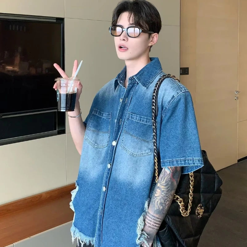 summer trend mens set shoulder padded short sleeved denim shirt quick drying casual pants 2 pcs set american retro street suit stacked flare jeans