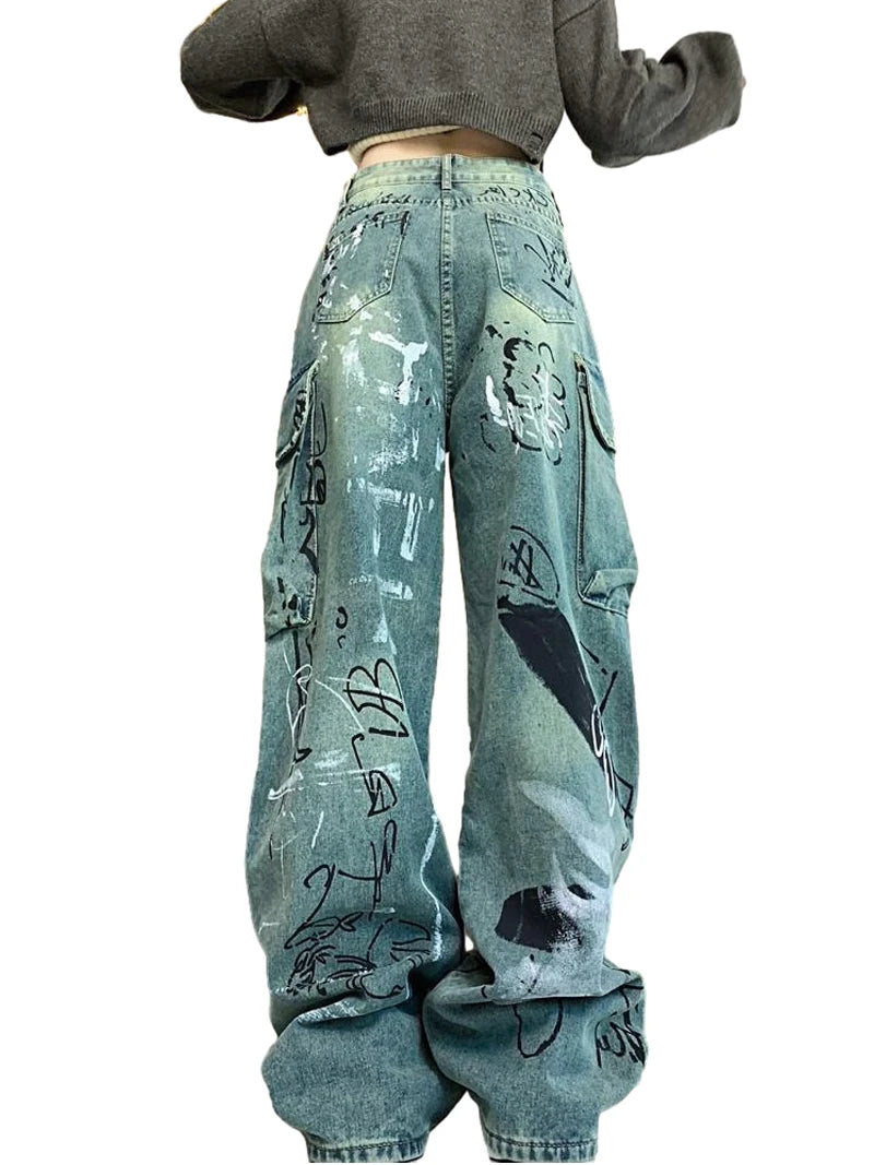 graffiti printed denim jeans unisex side pocket straight cargo jean trousers hip hop streetwear casual loose joggers jeans pants unique joggers style 2697