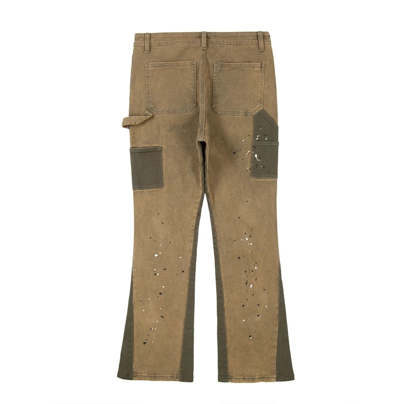 swag hip hop speckle ink flare jeans streetwear patchwork mens cargo jean pants washed logging trousers jeans male jeans overall unique cargo style 4759